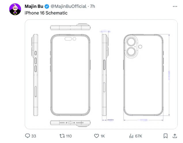 疑似苹果 iPhone 16 手机设计图流出：回归竖排双摄、自带拍照按钮